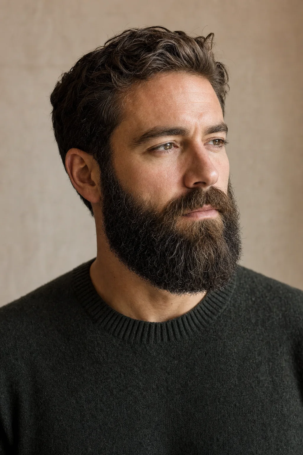 Man with a full beard in a three-quarter portrait against a warm neutral background